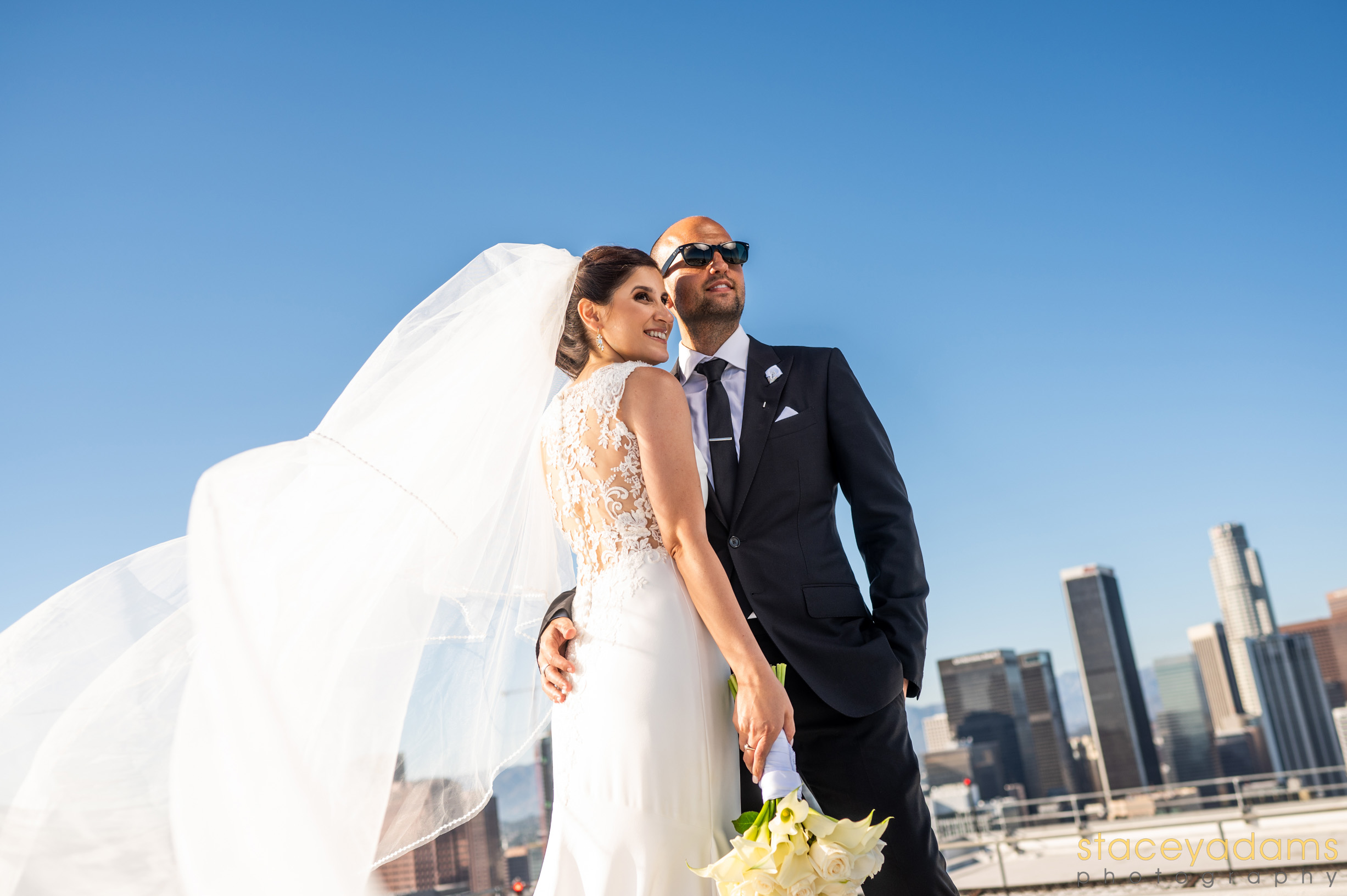 Wedding couple on heli pad at South Park Center in downtown Los Angeles 